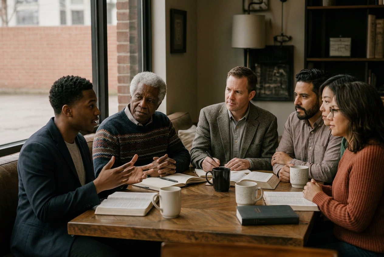 Pastors sitting around a wooden table with coffee and open journals in a warm living room café